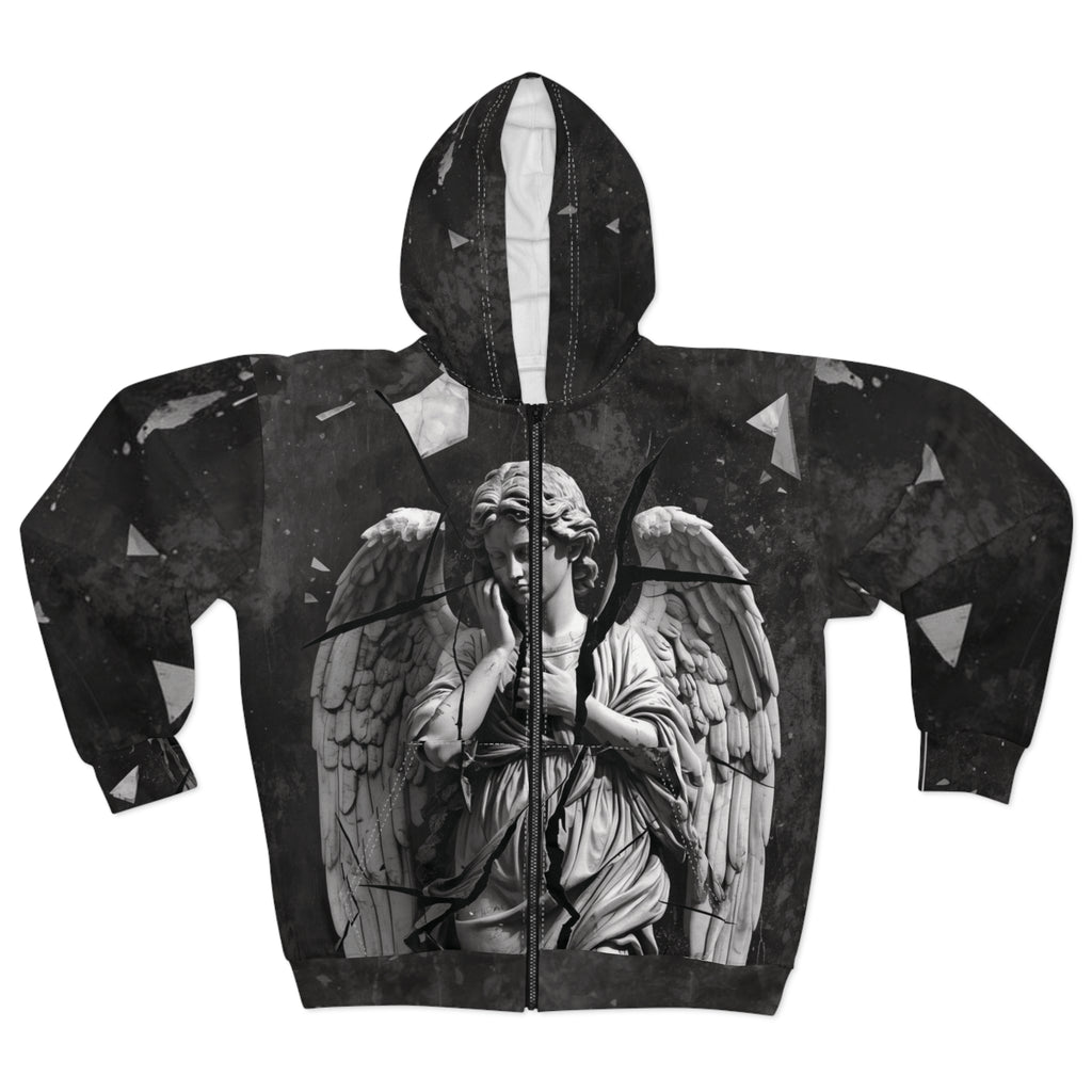 Gothic Angel Zip Hoodie, Unisex AOP Hooded Sweatshirt for Fall, Casual Streetwear, Unique Gift, Halloween Fashion, Alternative Style
