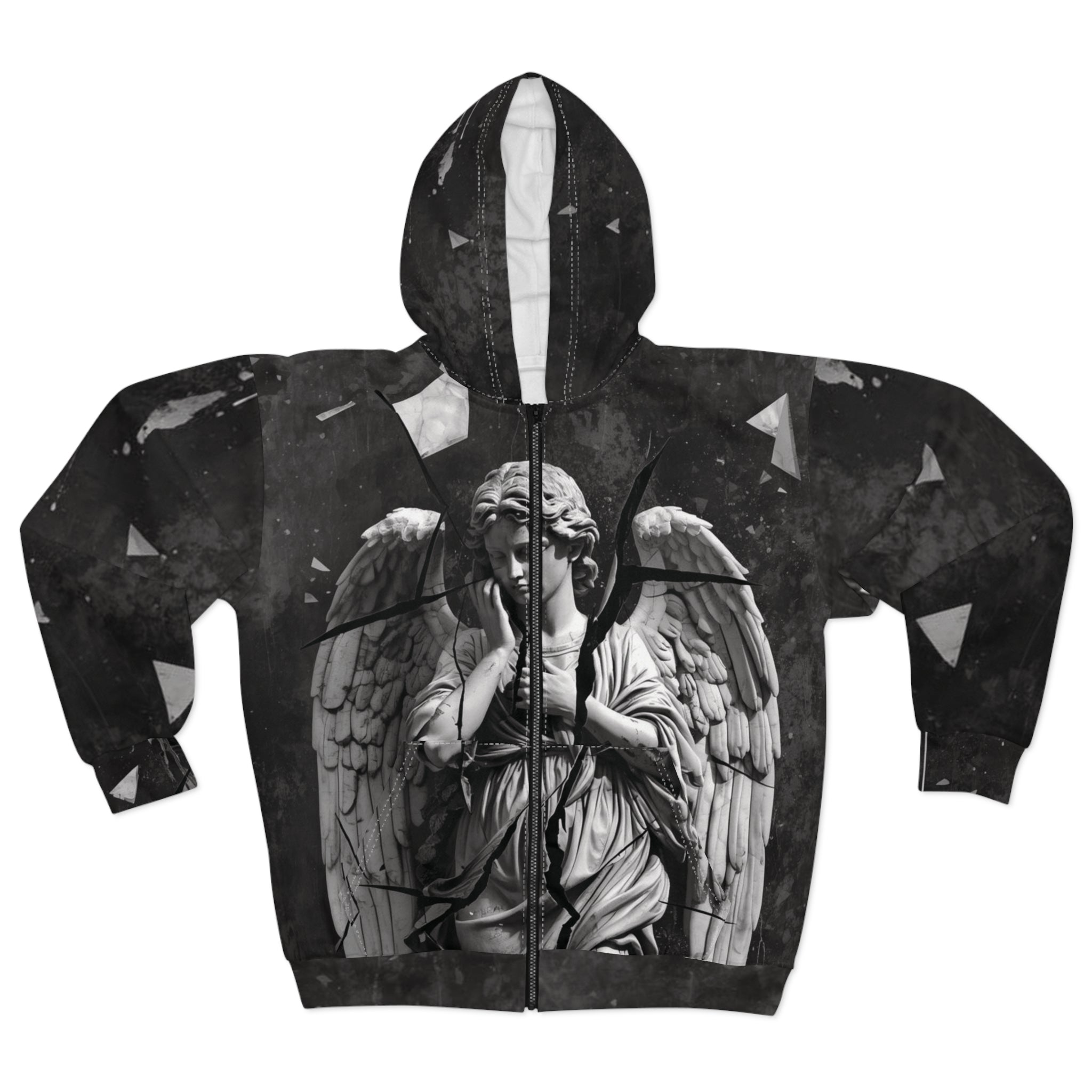 Gothic Angel Zip Hoodie, Unisex AOP Hooded Sweatshirt for Fall, Casual Streetwear, Unique Gift, Halloween Fashion, Alternative Style