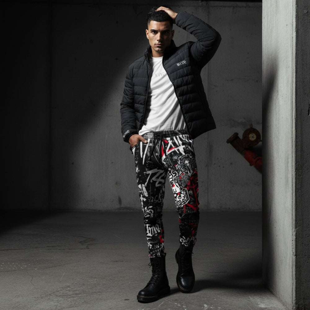 Graffiti Streetwear Joggers  Black Red White All-Over Print